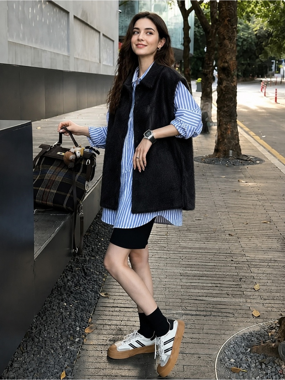 Women’s Black Fuzzy Knit Open-Front Longline Vest
